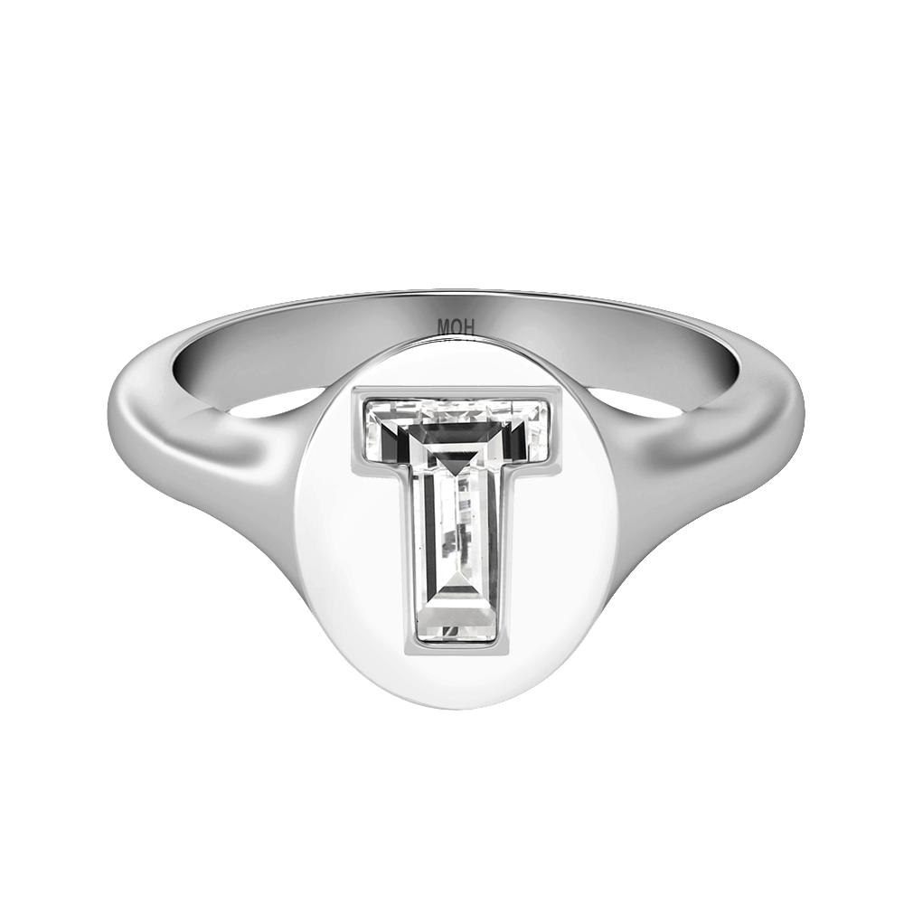 T Letter Alphabet Signet Ring in 18k White Gold