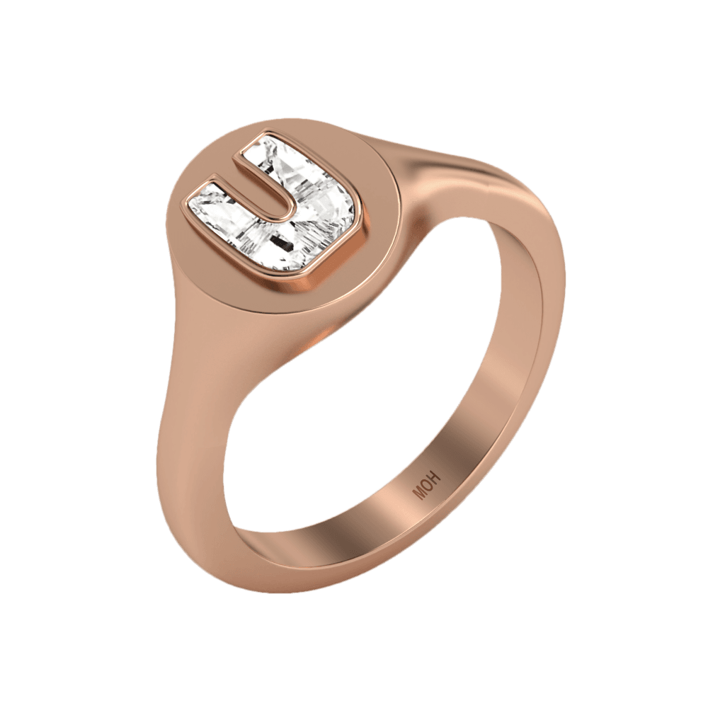 U Letter Alphabet Signet Ring in 18k Rose Gold — view 2