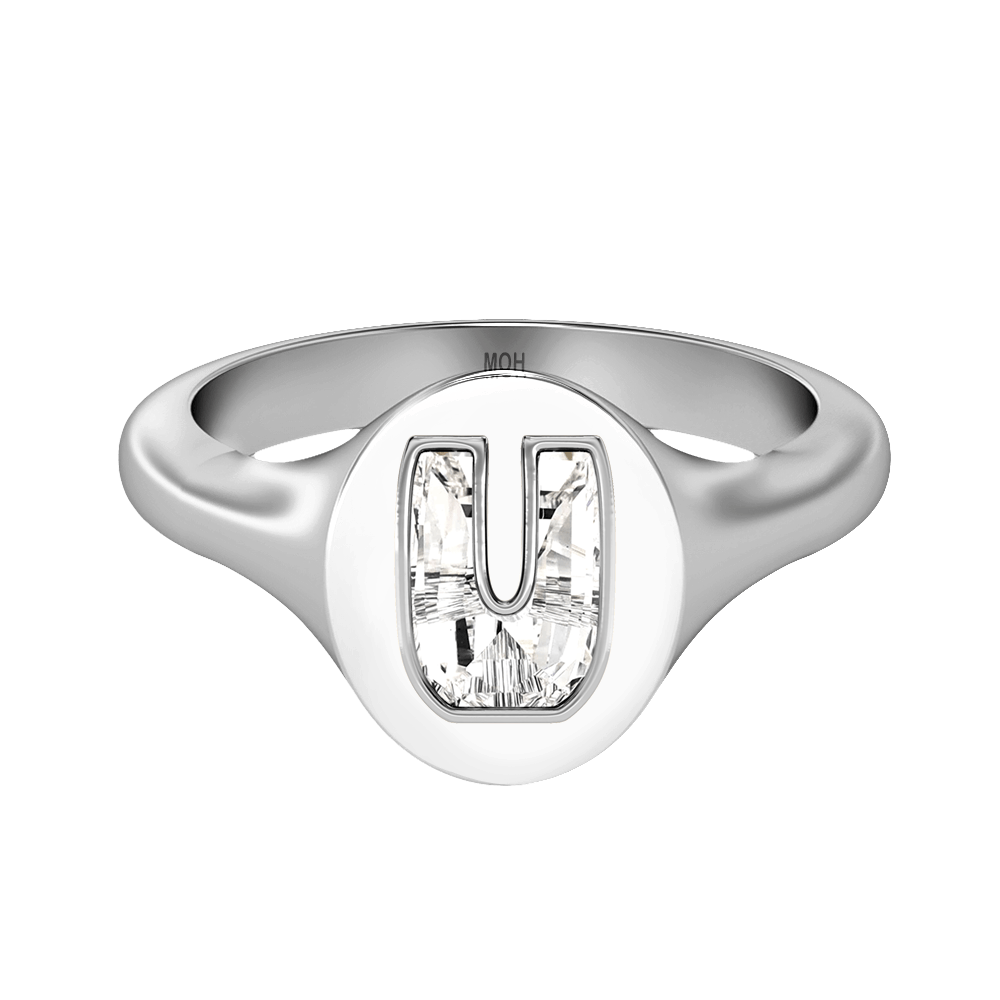 U Letter Alphabet Signet Ring in 18k White Gold