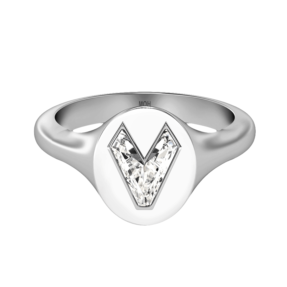 V Letter Alphabet Signet Ring in 18k White Gold