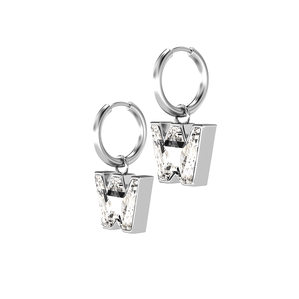 W Letter Alphabet Hoop Earrings in 18k White Gold — view 2