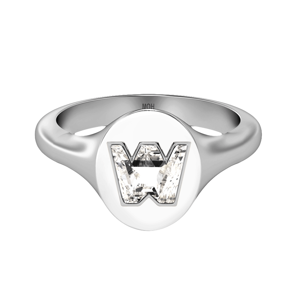 W Letter Alphabet Signet Ring in 18k White Gold