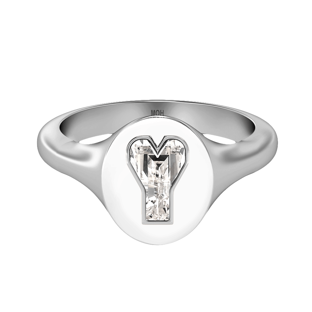 Y Letter Alphabet Signet Ring in 18k White Gold